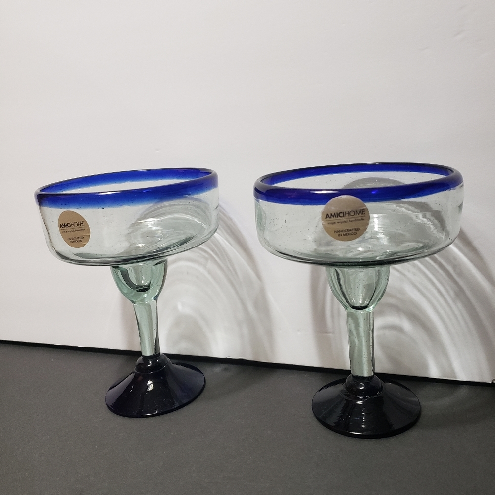 Vintage Set Of 2 80's AMICI HOME Hand Blown Margarita Glasses W/Blue Rim & Base